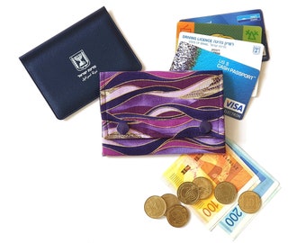 Womens minimalist small wallet, purple fabric slim wallet for women, teen wallet, front pocket wallet, business card credit card holder