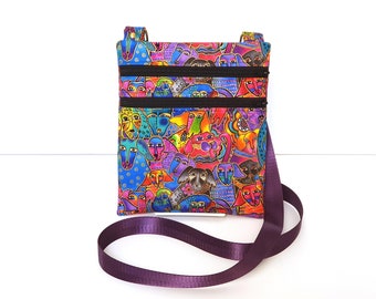 small crossbody bag for dog lover, Laurel Burch dog fabric cross body double zipper cell phone purse, gift for dog mom, dog walker gift