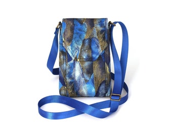 Cell phone purse, minimalist small crossbody bag with phone pocket, blue and metallic gold fabric cross body cell phone bag smartphone sling
