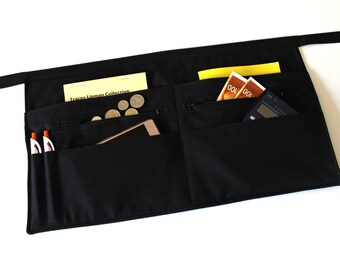 black half apron with two zipper pockets, server apron, plus size teacher apron, vendor apron with 8 pockets, utility apron for men women