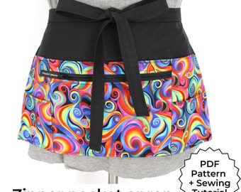 Apron pattern pdf, half apron with zipper pocket sewing tutorial, digital download teacher apron, vendor apron, waitress server waist apron