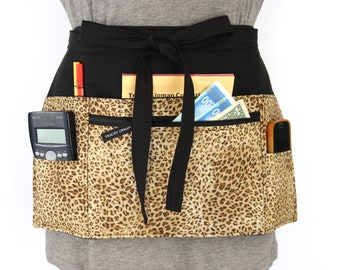 Leopard waitress server apron with zipper pocket, animal print teacher apron with pockets, vendor apron, pocket apron for event planner