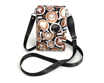 Crossbody cell phone bag, coffee lover gift for her, coffee cup fabric cell phone purse, gift for coffee drinker, coffee lovers gift for mom