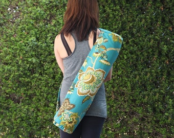 Handmade Yoga mat bag with zipper, teal floral yoga mat carrier, womens yoga mat holder with zipper pocket, yoga bag, yoga gifts for women