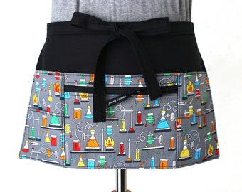 Teacher apron with pocket, chemistry teacher half apron with zipper pocket, utility waist apron for science teacher gift, science fair