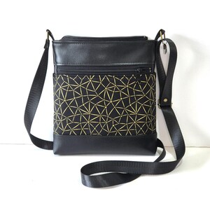 Schwarze und metallic-goldene kleine Umhängetasche aus veganem Leder für Frauen mit Handytasche, verstellbare Umhängetasche mit mehreren Taschen für Mama