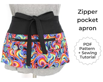 Apron pattern pdf, half apron with zipper pocket sewing tutorial, digital download teacher apron, vendor apron, waitress server waist apron