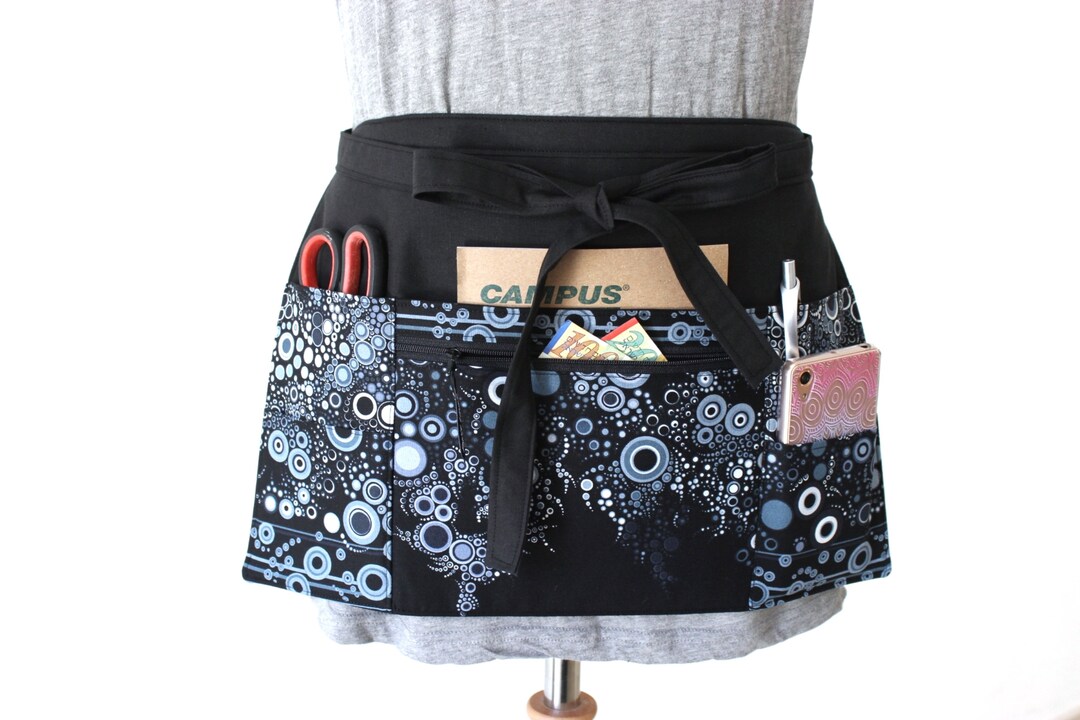Black Half Apron With Pockets for Teacher, Vendor Apron With Money Cash Zipper Pocket, Waitress