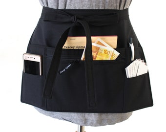 black half apron - black waitress apron - black teacher apron - money apron - vendor apron  - zipper pocket - waist apron - utility apron