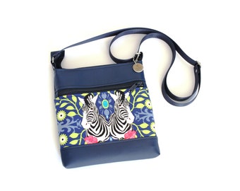 Blue vegan leather small crossbody bag for women, Zebra fabric womens adjustable multi pocket cross body purse, shoulder bag, crossover bag