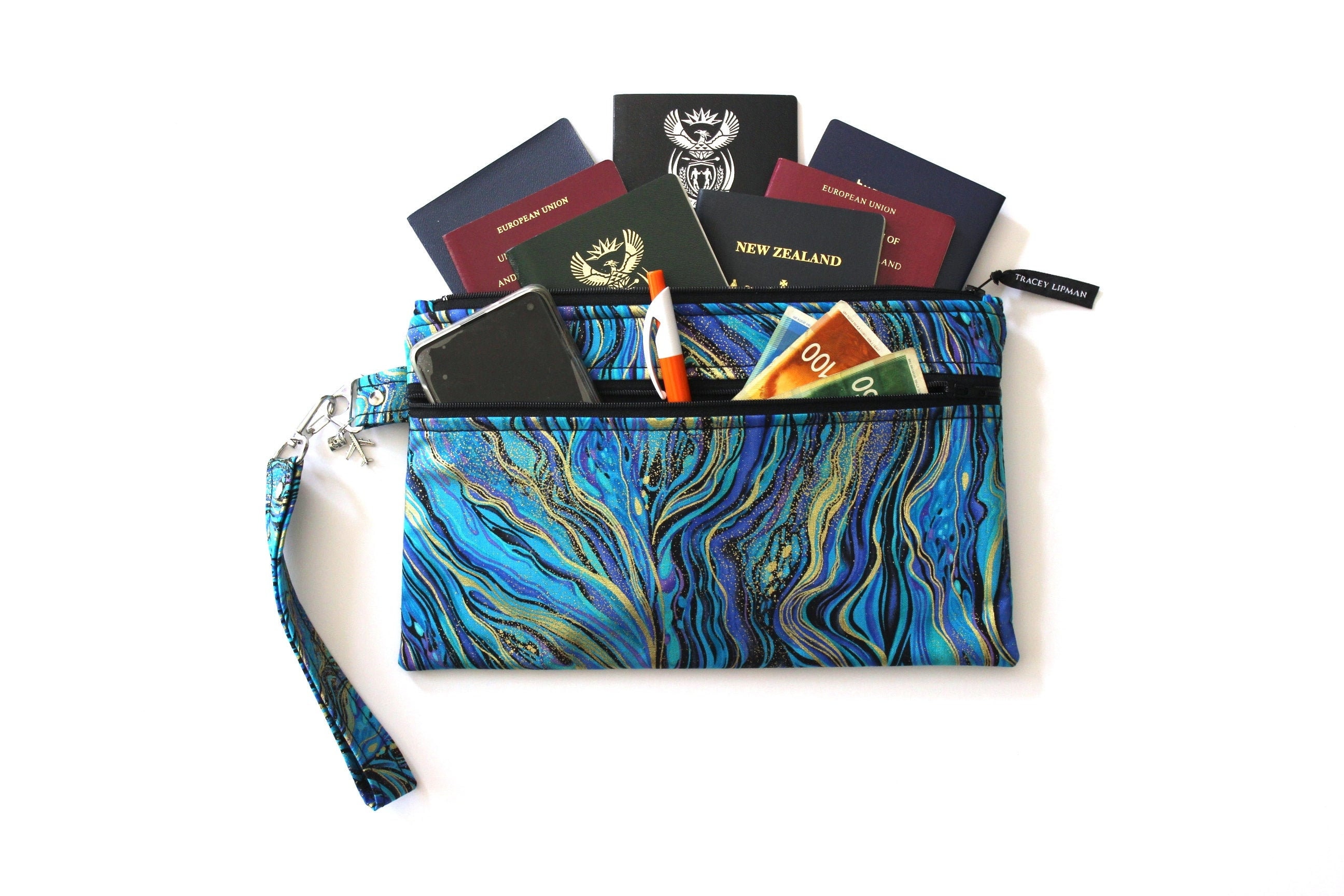 ANGIE & ALLIE Vegan Leather Wallet Feather Embroidery Zipper Bag Passport Credit Card Holder 