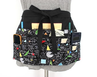 Math teacher apron with pockets, Mathematics half apron with zipper pocket, geometry trigonometry, mathematical teacher gift, waist apron