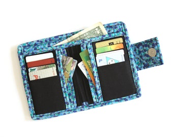 Blue fabric wallet for women, vegan ladies wallet, handmade cloth bifold organized wallet with lots of card slots and zipper coin pocket