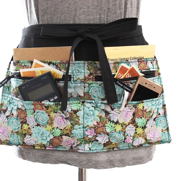 colorful succulent vendor apron with two zipper pockets - utility apron with pockets - half apron - waist apron - 6 pocket apron for teacher