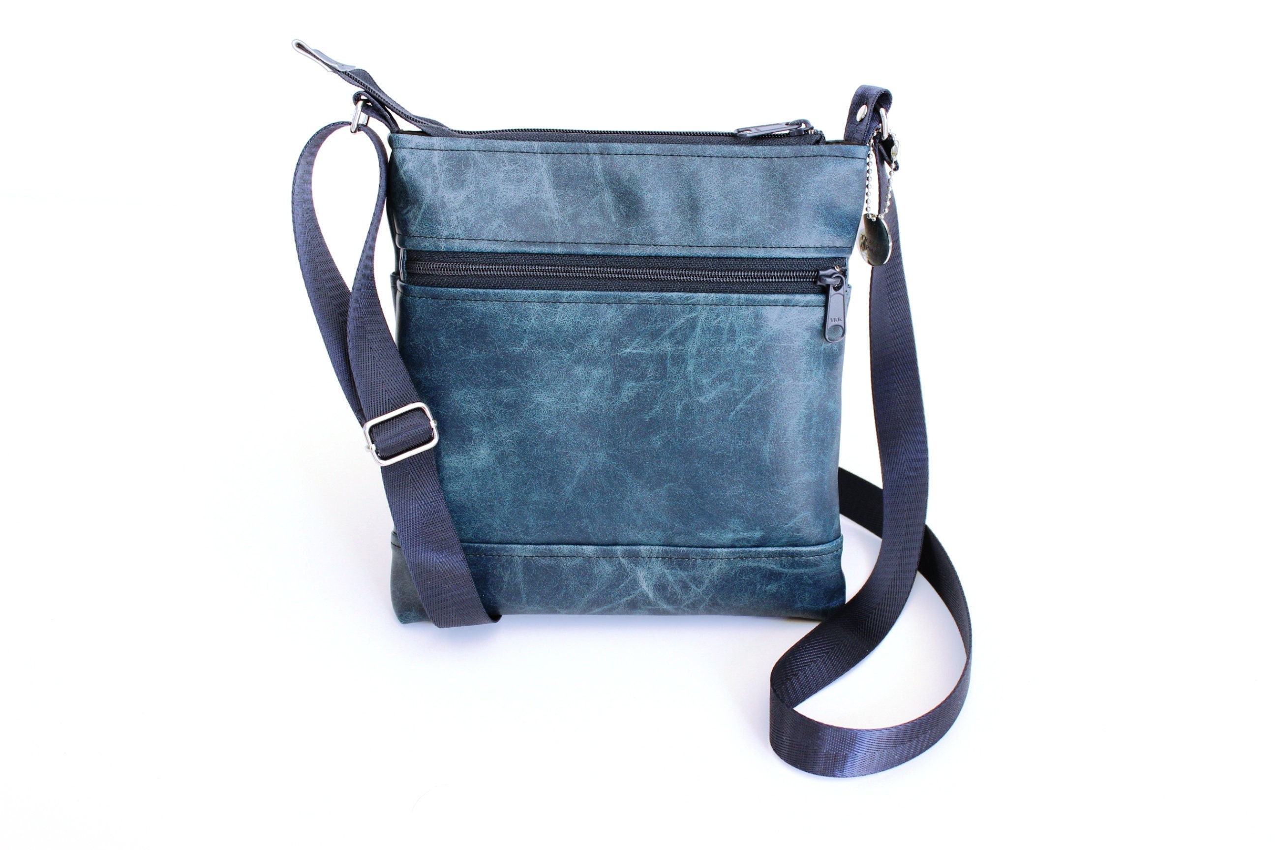 Blue vegan leather small crossbody bag for women with phone pocket and adjustable strap, multi pocket cross body purse, gift for mom