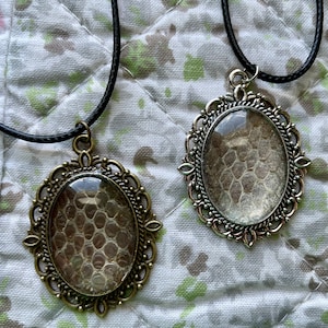 May include: Two silver and bronze oval pendants with black cords. Each pendant features a clear glass oval with a snake skin pattern inside.