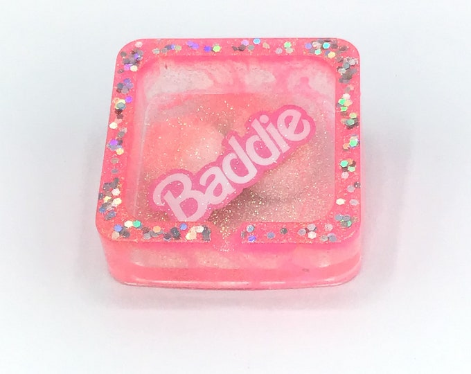 One of a kind hand poured resin ashtray BADDIE glow in the dark pink