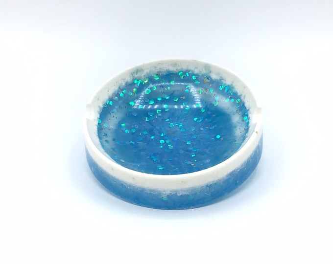 One of a kind hand poured resin ashtray round blues and white