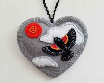 Red-Winged Blackbird Ornament - Ready to Ship Embroidered Fiber Art