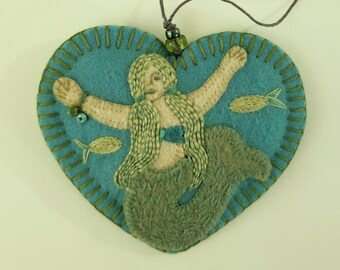 Embroidered Mermaid Ornament - Ready to Ship Fiber Art