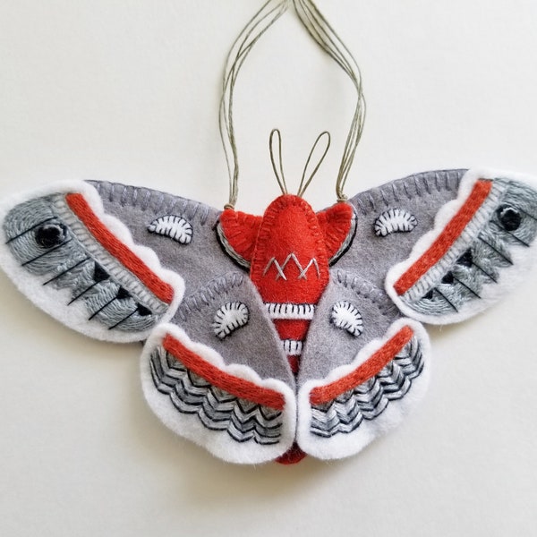 Cecropia Moth Ornament - Ready to Ship Embroidered Fiber Art