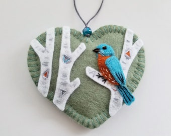 Bluebird on Birch Ornament - Ready to Ship Embroidered Fiber Art