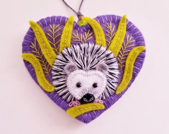 Springtime Hedgehog Ornament - Ready To Ship Embroidered Fiber Art