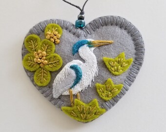 Great Blue Heron Embroidered Felt Ornament - Ready to Ship