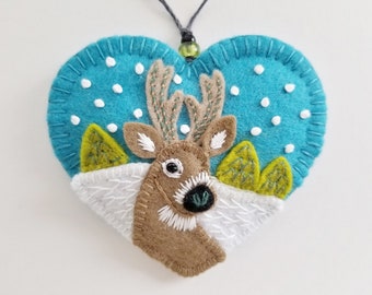 Winter Deer Ornament - Ready to Ship Embroidered Fiber Art