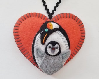 Mama and Baby Penguins Ornament - Ready to Ship Embroidered Fiber Art