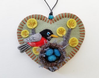 Robin and Nest Ornament - Ready to Ship Embroidered Fiber Art