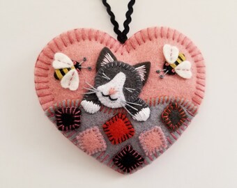 Embroidered Felt Ornament - Tuxedo Kitten Napping