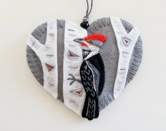 Pileated Woodpecker Ornament - Ready to Ship Embroidered Fiber Art