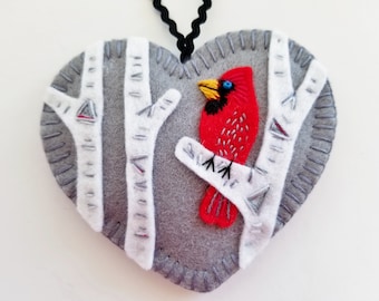 Cardinal in Birch Ornament - Ready to Ship Embroidered Fiber Art