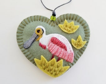 Spoonbill Ornament - Embroidered Wool Felt - Ready to Ship