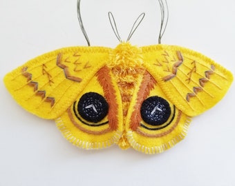 Male Io Moth Ornament - Ready to Ship Embroidered Fiber Art