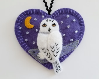 Snowy Owl Ornament - Ready to Ship Embroidered Fiber Art