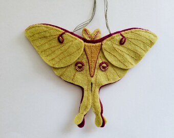 Luna Moth Ornament - Ready to Ship Embroidered Fiber Art