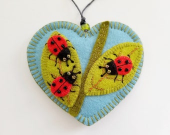 Ladybugs Ornament - Ready to Ship Embroidered Fiber Art