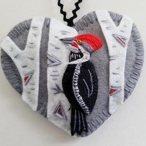 Pileated Woodpecker Embroidered Felt Ornament, Nature Gift, Woodland Bird, Handmade, Birch Forest