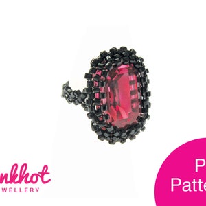May include: A black beaded ring with a large, faceted, pink gemstone in the center. The ring is set in a bezel setting and the beads are arranged in a geometric pattern. The ring is on a white background. PDF Pattern.