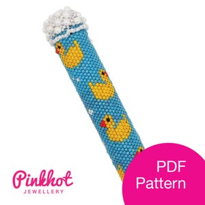 May include: A beaded pattern for a rubber ducky themed bracelet. The pattern is on a blue background with yellow rubber duckies and white beads. The pattern is available as a PDF download.