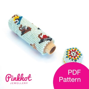 May include: A beaded bottle stopper with a light blue background and a pattern of small figures in brown, red, and yellow. The stopper is made of wood and has a matching beaded cap. The image also includes the text "PDF Pattern".