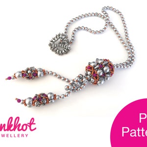 May include: A silver beaded necklace with a large silver and purple beaded pendant. The necklace is on a white background. PDF Pattern.