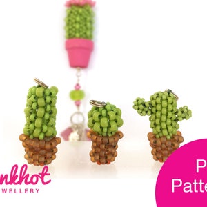 May include: Three green beaded cactus plants in brown pots with a pink background. The text "PDF Pattern" is in the lower right corner of the image.