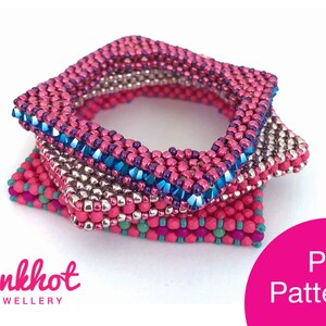 May include: A set of three beaded bracelets in pink, teal, silver, and blue. The bracelets are shaped like stars and are stacked on top of each other. The image includes the text "Pinkhot Jewellery" and "PDF Pattern".