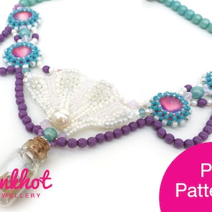 May include: A beaded necklace with a white shell pendant, purple beads, and a small glass bottle charm. The necklace is made with turquoise and pink beads. The image includes the text "Pinkhot Jewellery" and "PDF Pattern".