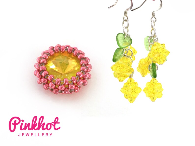 May include: A pair of earrings featuring a yellow and green crystal design. The earrings are crafted with silver wire and showcase a cluster of yellow crystals with green accents. The earrings are suspended from silver hooks.