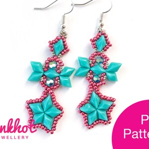 May include: Teal and pink beaded earrings with a starburst design. PDF Pattern.