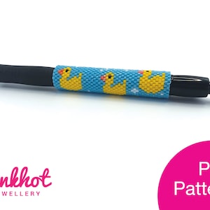 May include: A blue and yellow beaded pen with a pattern of rubber ducks. The pen is on a white background. The text "PDF Pattern" is in a pink circle in the bottom right corner of the image.